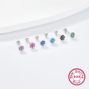 Real 925 sterling silver flower stud earrings with colorful cubic zirconia stones