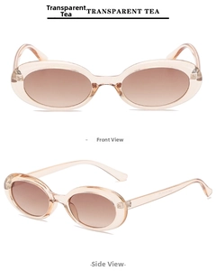Front and side view of transparent tea oval retro sunglasses with gradient lenses