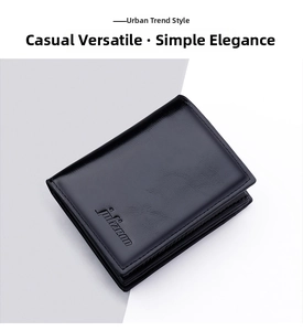 Close-up of a black oil wax leather wallet featuring embossed logo and fine texture details