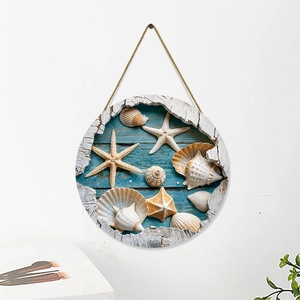 Mediterranean sea star and shell wall decor on a 3D effect round wood plaque