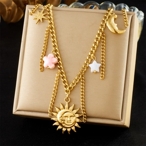 Celestial Necklace Gold Plated Stainless Steel Sun Moon Star Flower Tassel Cuban Chain For Women
