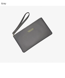 Gray matte leather long wallet with top zipper closure and matching wrist strap detail