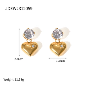 18k gold plated heart drop earrings with white zircon and star detail, 2.26cm height