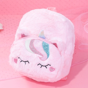 Cute pink plush unicorn backpack with soft fur and colorful sequin mane for girls