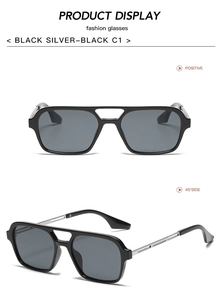 Front and 45-degree side view of double bridge fashion sunglasses with black silver frames