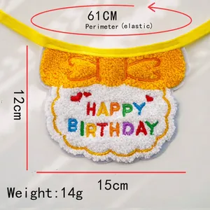 Babero amarillo bordado Happy Birthday para mascotas con correa elástica para perros