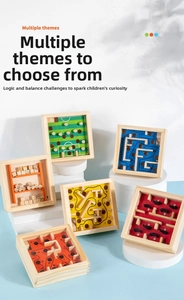 Detailed view of six different wooden balance maze toy sets on white geometric pedestals