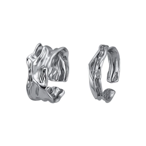 2-piece set of irregular silver open rings with liquid lava texture for a modern look