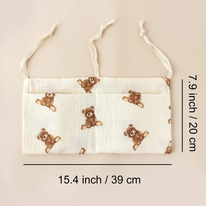 Detailed size chart of the cream cotton baby crib organizer with cute bear print