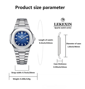 Detailed technical diagram showing dimensions and weights of the slim quartz business watch