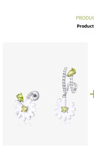 Detailed macro view of asymmetric daisy earrings with white enamel and yellow gemstones