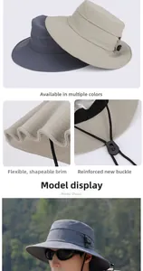 Detail of waterproof sun hat with adjustable chin strap and wide brim for fishing