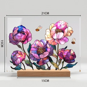 Desktop acrylic plaque with 3D floral peony pattern on wood base measuring 21x15cm