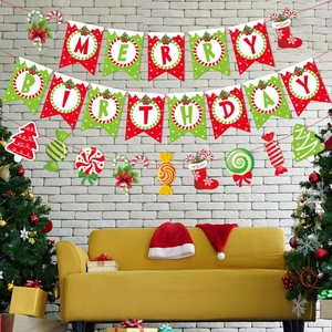 Merry Birthday Christmas banner set with festive stockings and trees on white wall
