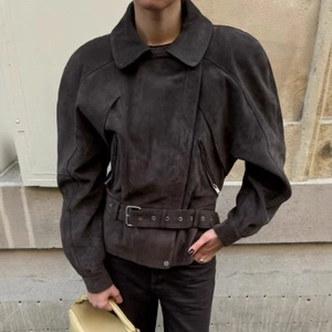 Women's vintage dark brown suede jacket with adjustable waist belt and biker style fit