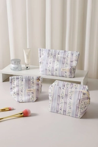 Detailed set of floral purple makeup bags including toiletry bag and shell pouch