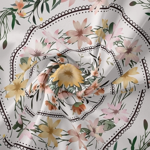 Detail of pink and yellow floral bohemian tapestry fabric texture and dynamic drape