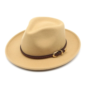 Classic camel wool fedora hat with a stylish brown braided leather band and metal buckle