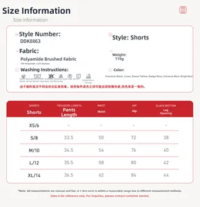 Size chart for brushed yoga shorts with fabric details and washing instructions