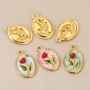 18K gold-plated oval tulip and rose pendants with colorful enamel and pearl accents