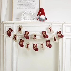 Merry Christmas Banner Garland Plaid Burlap Linen Stocking Glove Tree Hanging Decoration For Fireplace Wall Home