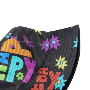 Detail of black bucket hat with colorful Happy Birthday graffiti print and star pattern