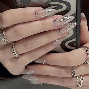 Press On Nails Long Almond Shaped Nude Pink With Silver 3D Flame Pattern Metal Beads Y2K Cool Girl False Nail Tips