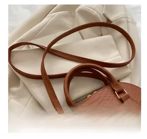 Detailed macro view of the brown crocodile pattern texture and golden metal hardware on bag