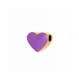 Macro view of purple heart charm pendant with gold metal frame and side hole for DIY jewelry