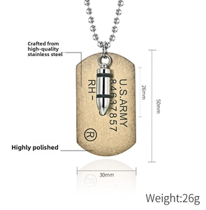 Macro detail of U.S. Army dog tag and bullet pendant in polished stainless steel