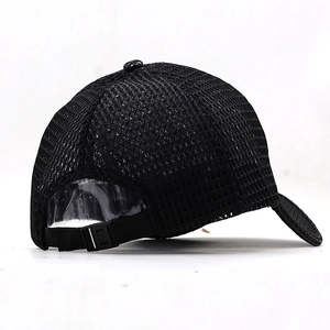 Detail view of breathable black mesh baseball cap with adjustable rear plastic buckle strap