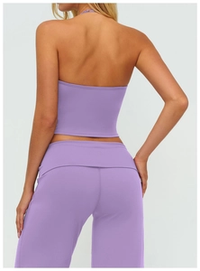Rear view of lavender purple brushed yoga set with high-waist leggings and sports bra