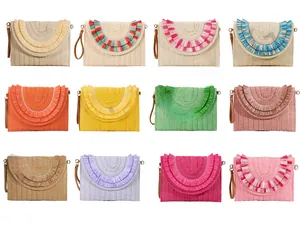Grid display of straw envelope clutch bags with fringe tassels in twelve various colors