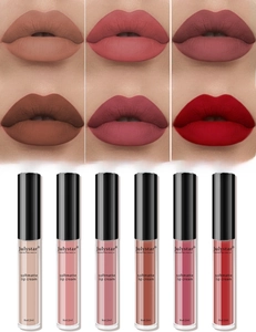 Lip swatches and product shots of a 6-piece velvet matte lip cream set in various shades