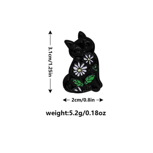 Detail view of cartoon black cat brooch with daisies including size and weight specs