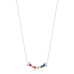 Rainbow Smile Pendant Necklace 925 Sterling Silver Colorful Zircon Arched Dainty Jewelry For Women Trendy Ins Style
