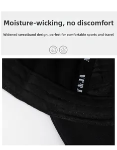Detail of internal widened sweatband with woven logo on black cotton baseball cap