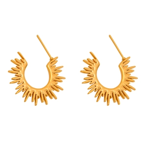 Symmetric gold stainless steel C-shaped earrings with sunburst spikes on white background