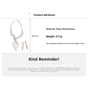 Detail view of leaf-shaped rhinestone necklace set dimensions and product attributes