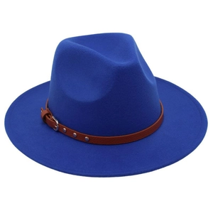 Detail of blue wool fedora hat featuring a brown leather belt strap and silver buckle
