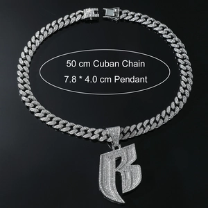 Detailed size view of silver iced-out letter B pendant with 50cm Cuban chain