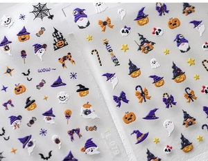 Macro detail of TL-079 5D embossed Halloween nail stickers with 3D pumpkin and ghost motifs