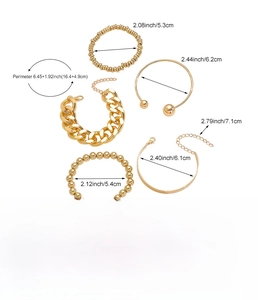 Detailed size specifications for 5-piece gold alloy rhinestone bracelet set for women