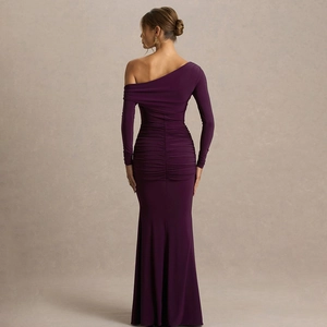 Elegant deep purple one-shoulder mermaid evening dress with sleek bodycon fit
