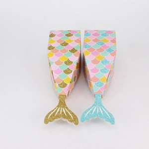 European mermaid tail favor box with shimmering gradient scales and glitter texture