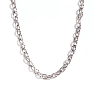 Elegant silver stainless steel link chain necklace presented on a clean white background