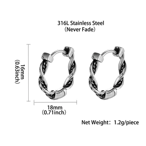 Twisted rope design 316L stainless steel hoop earrings with 16mm x 18mm size specs