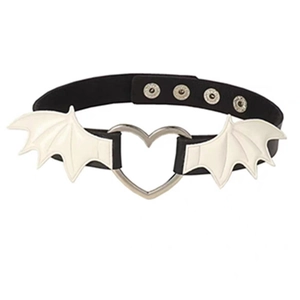 Close-up of black leather choker featuring white bat wings and silver hollow heart pendant