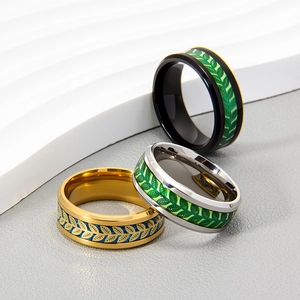 Unique titanium steel leaf pattern rings in gold, silver, and black finish for men and women