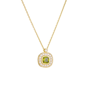 S925 silver necklace with square green zircon pendant and small diamonds on gold chain